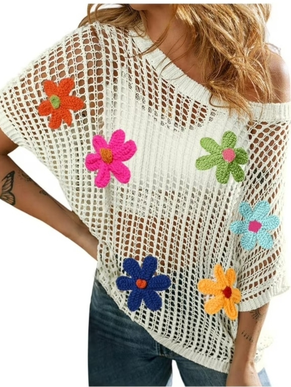 Cream Crochet Open-Knit Top with Multicolor Crochet Flowers